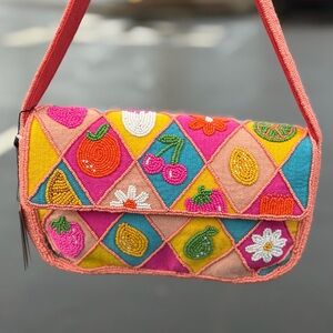 America & Beyond Beaded Daisy Cherry Summer Tropical Embellished Shoulder Bag